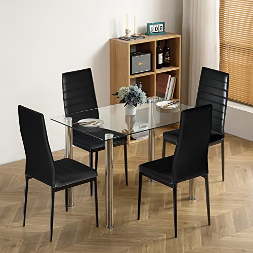 Henf 5 Pieces Dining Table Set, Modern Dining Table Set for 4 Persons with Tempered Glass Top Table and 4 PU Leather Chairs for Breakfast Dining Room Kitchen Furniture, Black (Black 4)