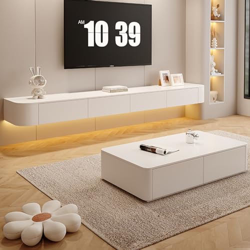 Floating TV Stand, Modern Wall-Mounted TV Console, 94'' Assembly-Free White Stone Entertainment Centers with 2 Drawers & Flip-Down Door, for Living Room Bedroom(120CM/47.2
