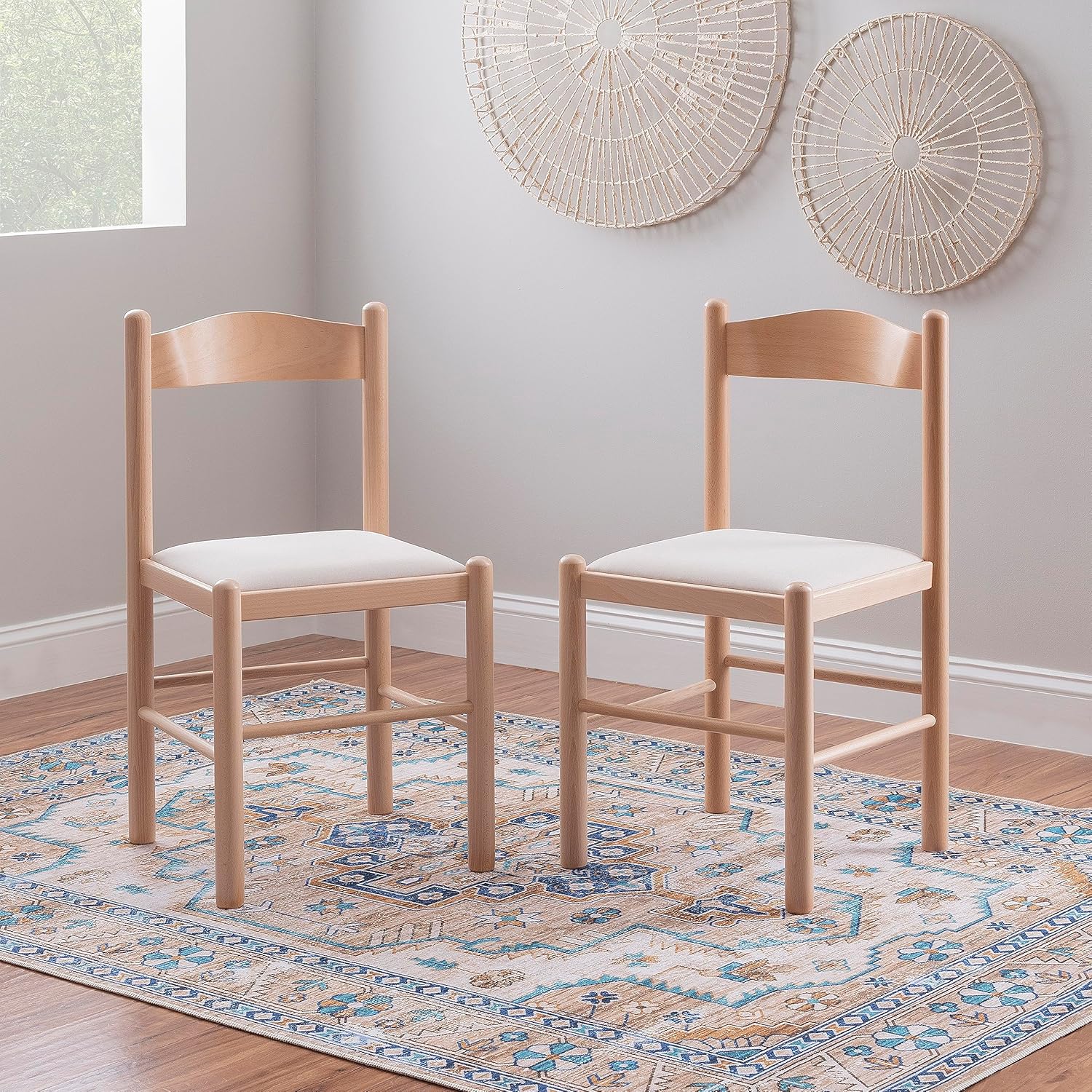 Linon Minka Solid Beechwood Italian Dining Side Chair Upholstered Seat Set of 2, Natural and Beige