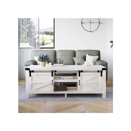 End Tables Table with Hidden Compartment and Storage Cabinets Shelves, Wood Rectangular Tables with Sliding Barn Doors Side Tables Bedroom(01)