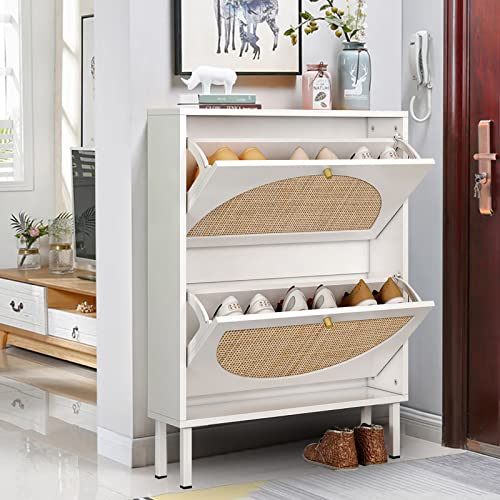 Shoe Cabinet with 2 Flip Drawers, Narrow Entryway Shoe Organizer Rattan Doors, Free Standing Shoe Rack for Entryway Hallway, Slim Shoe Rack Storage Cabinet for Heels Slippers Black