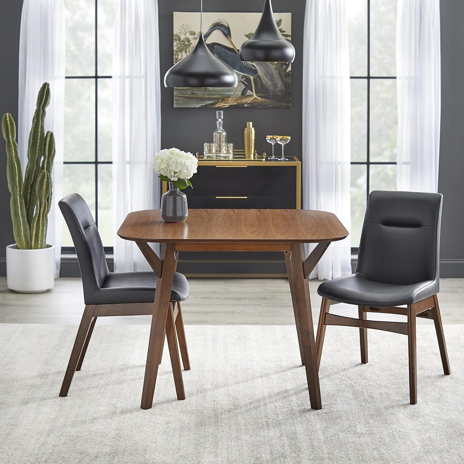 Ayre Mid Century Modern Dining Room Chair, Set of 2, Black/Walnut