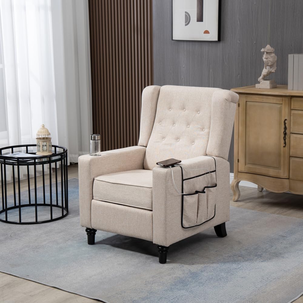 Arm Pushing Recliner Chair, Modern Button Tufted Wingback Push Back Recliner Chair, Living Room Chair Fabric Pushback Manual Single Reclining Sofa Home Theater Seating for