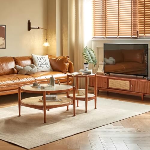 Coffee Table Simple Modern Coffee Table Living Room Home Solid Wood Rattan Glass Double Layer Round Coffee Table Game Table(B)