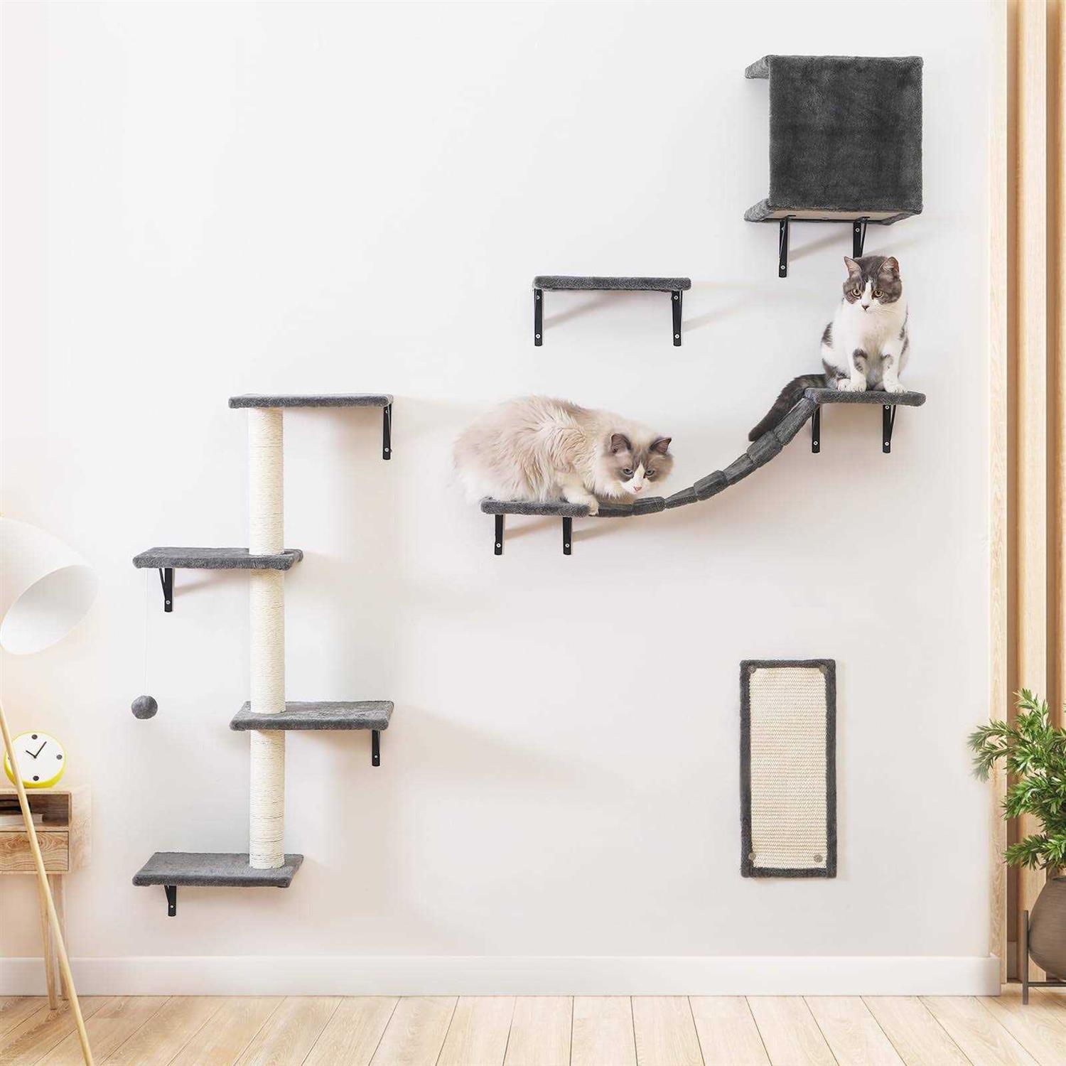 Modern Wall-Mounted Cat Furniture 5pcs Cat Wall Shelves Wooden Cat Climber Cat House, Bridge, Tree, Steps, and Scratcher - Pet Supplies online store