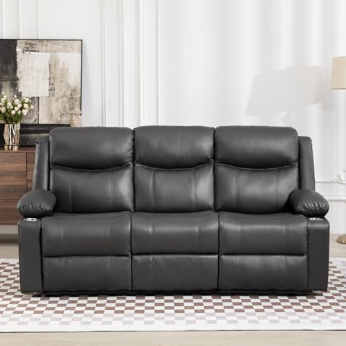 Manual Reclining Sofa - 3 Seat Recliner Sofa with Heat & Massage Function, Wall-Hugger Reclining Sofa for Living Room (Brown)