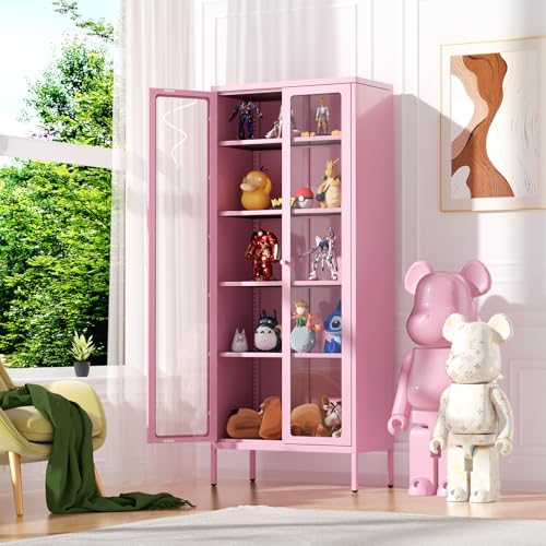 Metal Storage Cabinet with Glass Doors, Display Curio Glass Cabinet with 4 Adjustable Shelves, Tall Modern Office Storage Cabinet for Bedrooms, Living Room, Pantry(White)