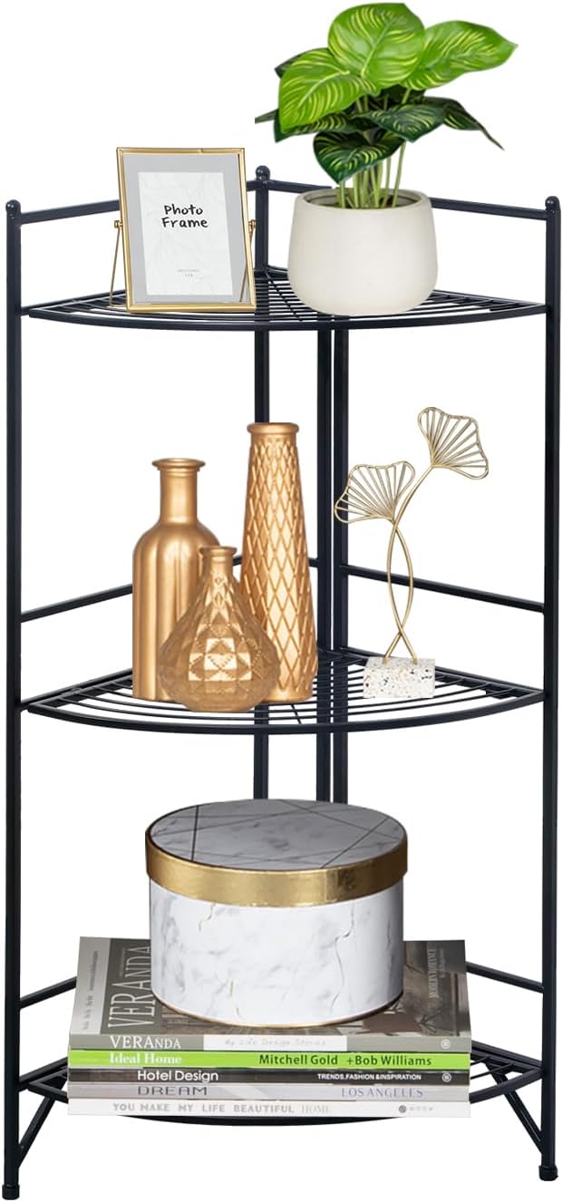 Metal Corner Shelf Shelving Unit, Foldable Metal Garage Shelving Units, Folding Organizer Rack Folding Metal Shelving Book Shelf for Storage & Display in Living Room, Bathroom for The Kitchen Corner