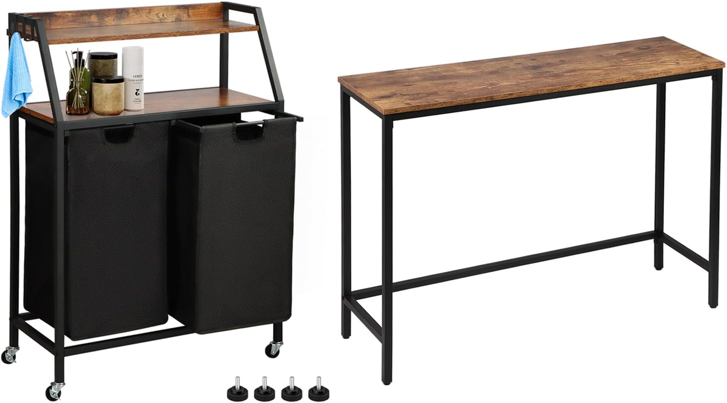 Console Table and Laundry Sorter 2 Section Bundles, Hallway Entrance Table, Rolling Laundry Basket with Wheels, for Living Room, Laundry Room, Rustic Brown