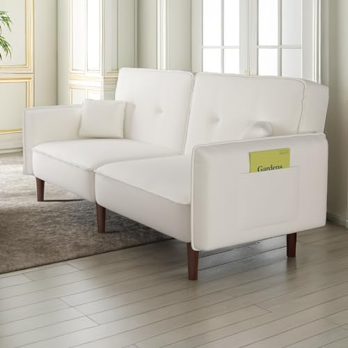 Modern Upholstered Convertible Futon Sofa Bed with Storage Pockets and 2 Pillows, Foldable Sleeper Sofa Armrest Couch w/6 Solid Wood Legs for Living Room Apartment (Pink)