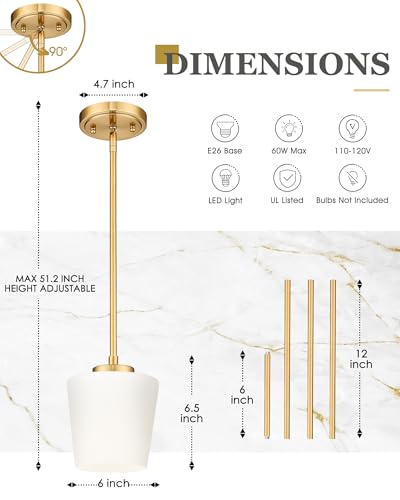 3-Light Pendant Light Fixtures, Brushed Gold Dining Room Light Fixture Over Table, Adjustable Kitchen Island Lighting with Milk White Glass, Farmhouse Hanging Light Fixture, AD-22004-3P-GD
