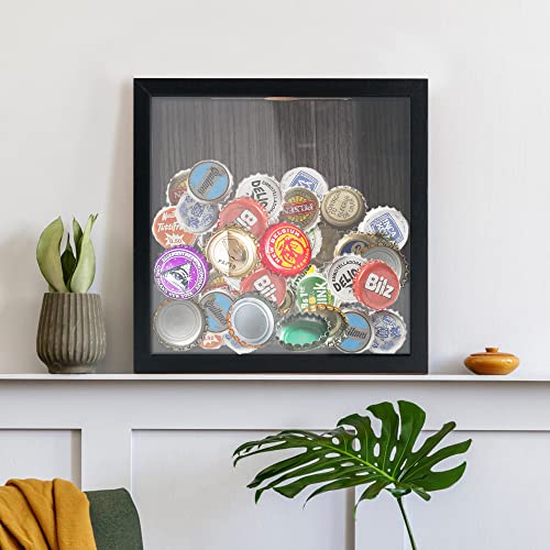 GraduationMall 8x8 Top Loading Shadow Box Frame with HD Glass,Wood Display Case with Slot,1.25 inches Interior Depth,Ideal for Wine Bottle Caps,Tickets,Shells,Stamps and More,Black