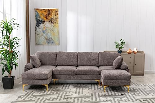 Convertible Sectional Sofa with Ottoman, Polyester Fabric L-Shaped Couch with Golden Metal Legs, Modular Sectional Couch Sets for Living Room, Apartment, Purple