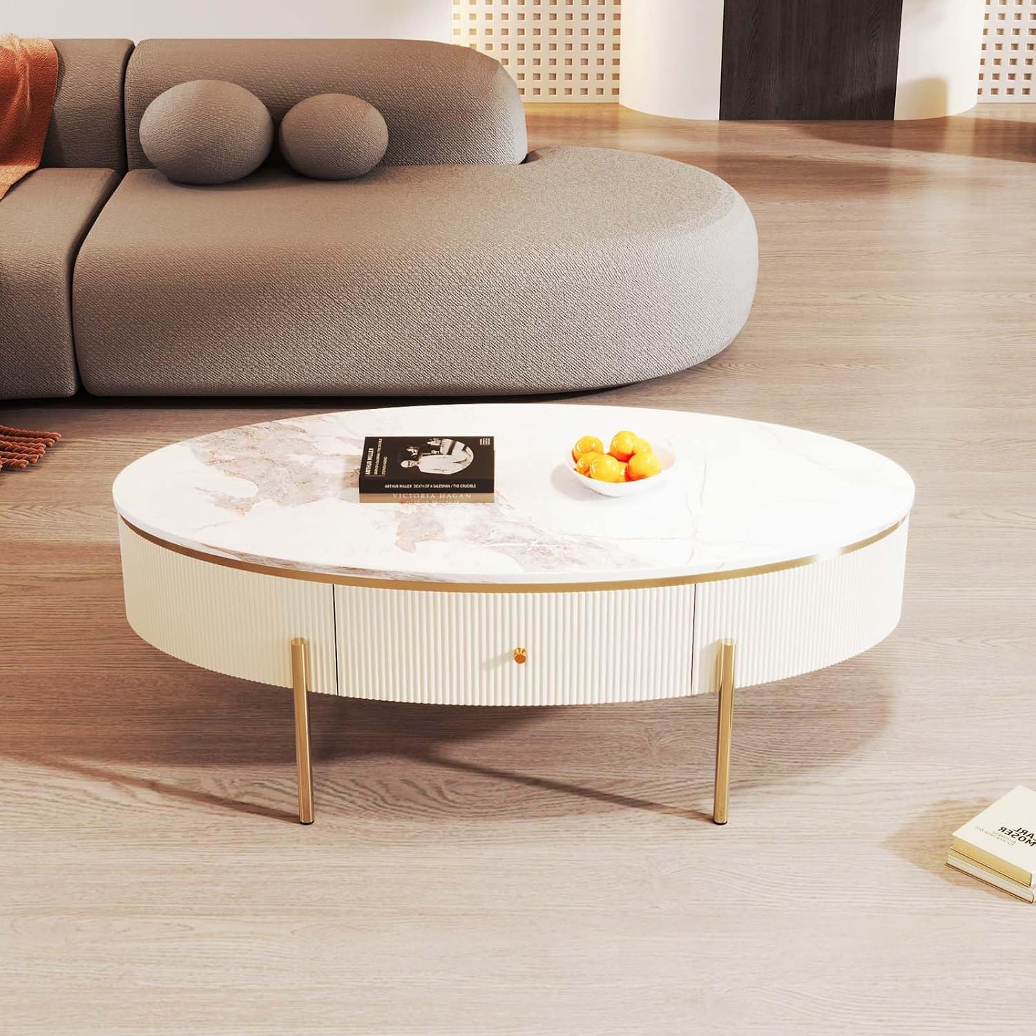 Oval Coffee Table with 2 Large Drawers, Modern Coffee Table with Faux Marble Table Top, Accent Center Table with Gold Legs for Living Room, White