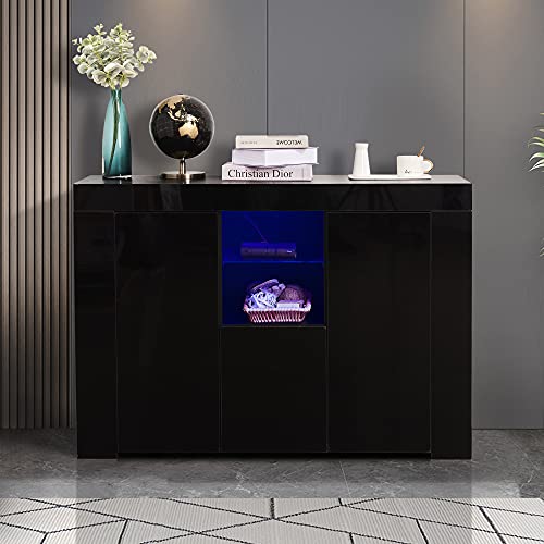 LUMISOL Modern Sideboard Cabinet High Gloss with LED Light, 3 Doors Sideboard TV Stand for Living Room Wood Buffet Storage Cabinet for Hallway Dining Room
