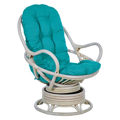 OSP Home Furnishings Lanai Swivel Rocker Chair with White Wash Rattan Frame, Blue Fabric