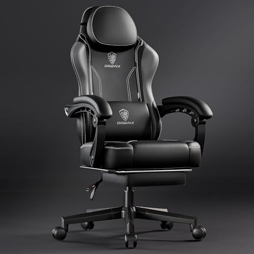 Dowinx Gaming Chair with Pocket Spring Cushion, Ergonomic Game Chair with Massage Lumbar Support and Footrest for Adults, High Back Leather Computer Chair for Office Gaming 300LBS, Green