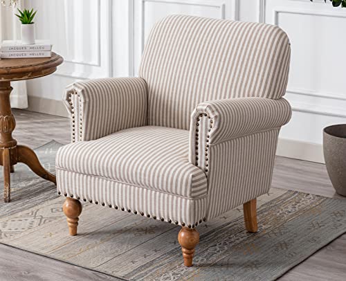 Kmax Linen Fabric Accent Chair Mid Century Modern Sofa Chair Comfy Lounge Chair with Nailhead Arm Wood Legs Upholstered Seat for Living Room Bedroom, Blue Stripe