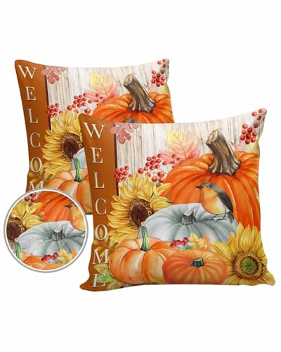 Outdoor Pillow Covers Waterproof, Autumn Sunflower Throw Pillowcase Decorative Cover, Fall Pumpkins Floral Bird Wooden Garden Cushion Case Set of 2 for Sofa, Couch, Tent, Patio, 18