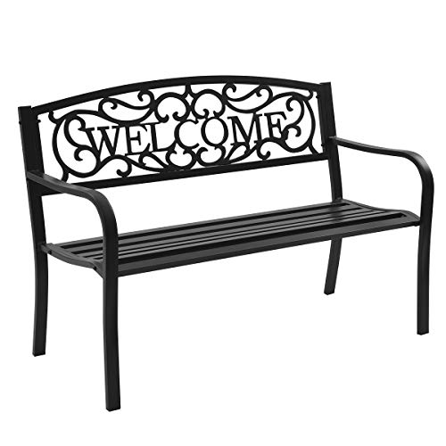 S AFSTAR Garden Bench, Outdoor Metal Porch Bench for Park Garden Yard, Patio Bench with Weather-Resistant Cast Iron Backrest and Welcome Pattern, Front Door Bench Park Bench for Outside (Bronze)