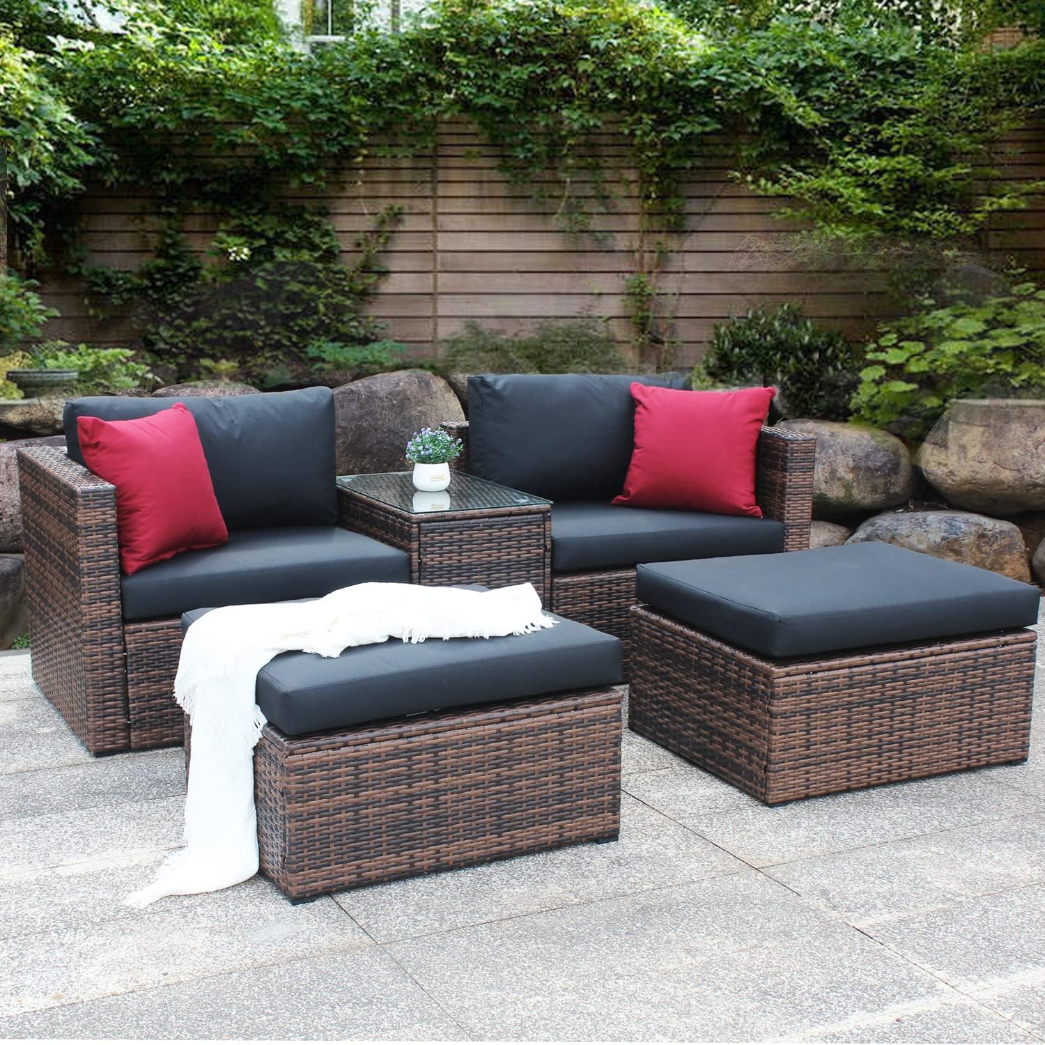 5 Pieces Outdoor Furniture, PE Rattan Sectional Sofa with Glass Top Armrest Table & Two Convertible Ottoman, Conversation Set with Removable Comfort Cushion, Ider for Balcony, Brown
