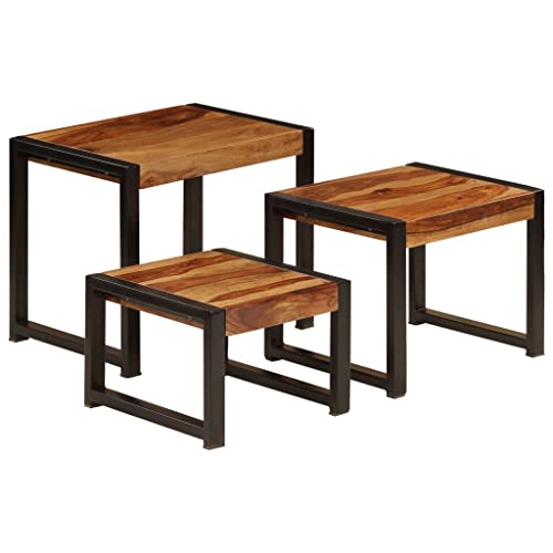 Home Decor Sofa Table, Industrial Coffee Tables, Nesting Tables 3 pcs for Living Room, Bedroom, Balcony, and Office, Solid Sheesham Wood