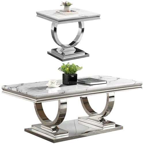 2 Piece Living Room Table Set, Faux Marble Coffee Table and Silver Console Table, Rectangular Luxury White and Silver Coffee Table Set of 2 with Stainless Steel Legs for Apartment Bedroom