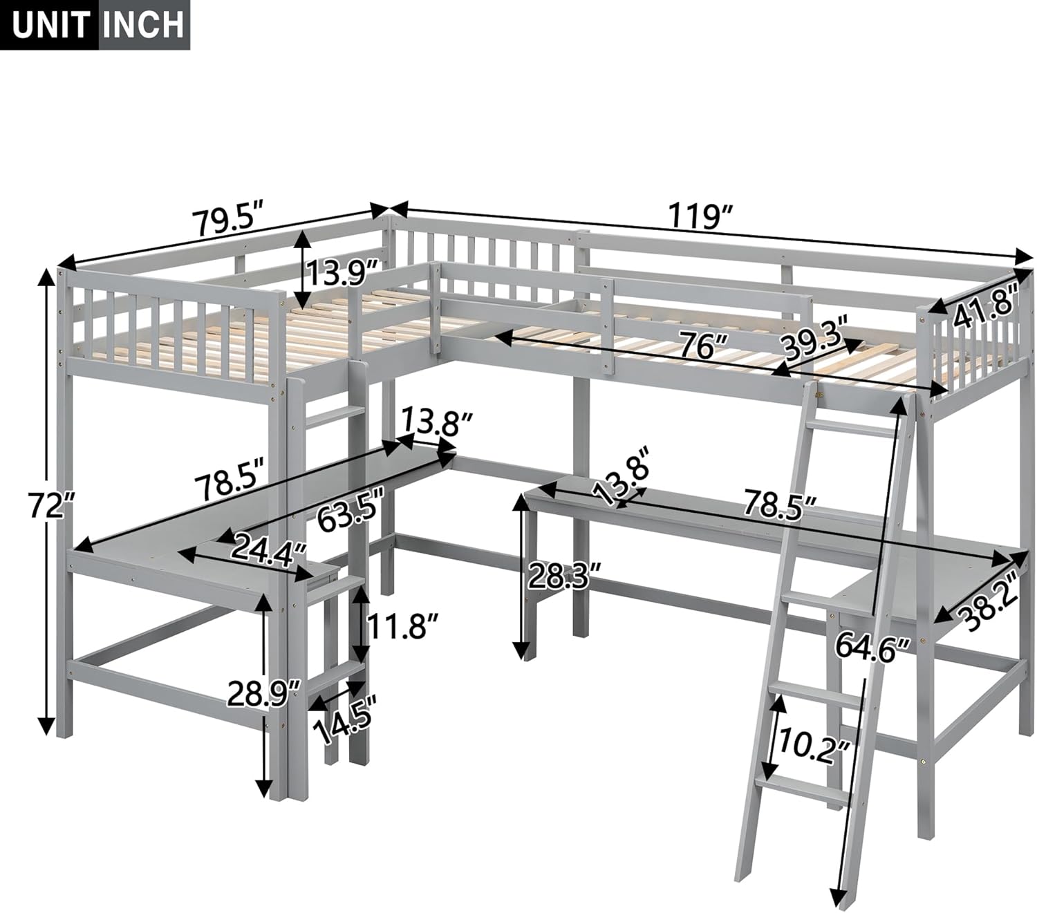 L-Shaped Loft Bed with Two Ladder and 2 Built-in L-Shaped Desks,Wood Twin Size Corner Loft Bed Frame with Full-Length Guardrails,2 Beds in 1 Design,No Box Spring Required,Gray
