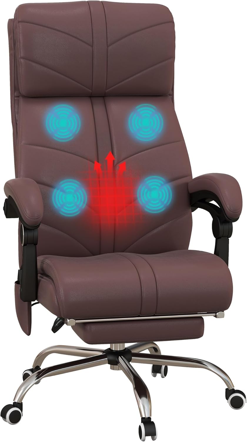 Vinsetto Executive Massage Office Chair with 4 Vibration, Computer Desk Chair, PU Leather Heated Reclining Chair with Adjustable Height, Swivel Wheels, Brown