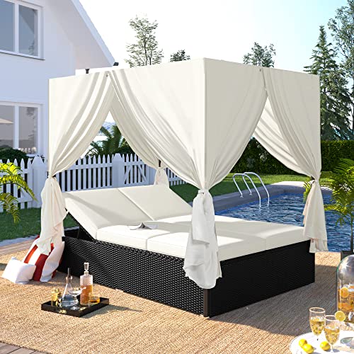 Outdoor Patio Wicker Sunbed Daybed with Cushions and Adjustable Seats, Patio Sun Bed with Canopy for Garden Backyard Porch Patio, Orange
