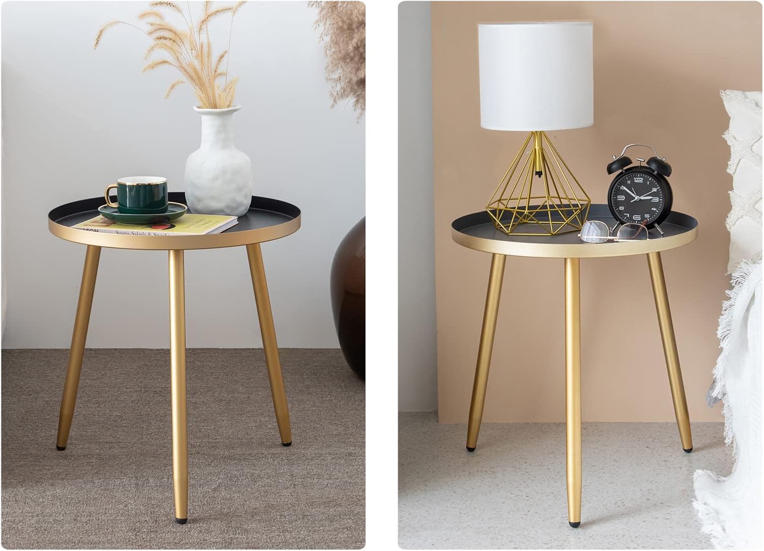 AOJEZOR End tables Set of 2 Bundle, Bed Side Table/Night Stand for Small Bedroom, Metal Side Table Round Table,Black/Grey and Gold