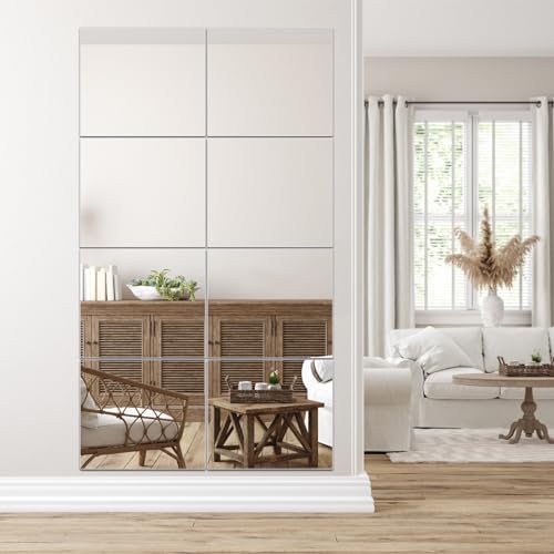 Home Gym Mirror, 8Pcs 12'' × 10'' HD Glass Wall Mirror for Gym, Frameless Full Length Self Adhesive Wall Mirror Tiles for Gym, Wall Decor, Bedroom, Living Room, Over The Door