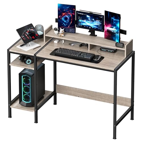 Small Computer Gaming Desk - 47” Home Office Desk with Storage, Monitor Stand for 2 Monitors, Adjustable Storage Space, Writing,Modern Design Corner Table, Beech.