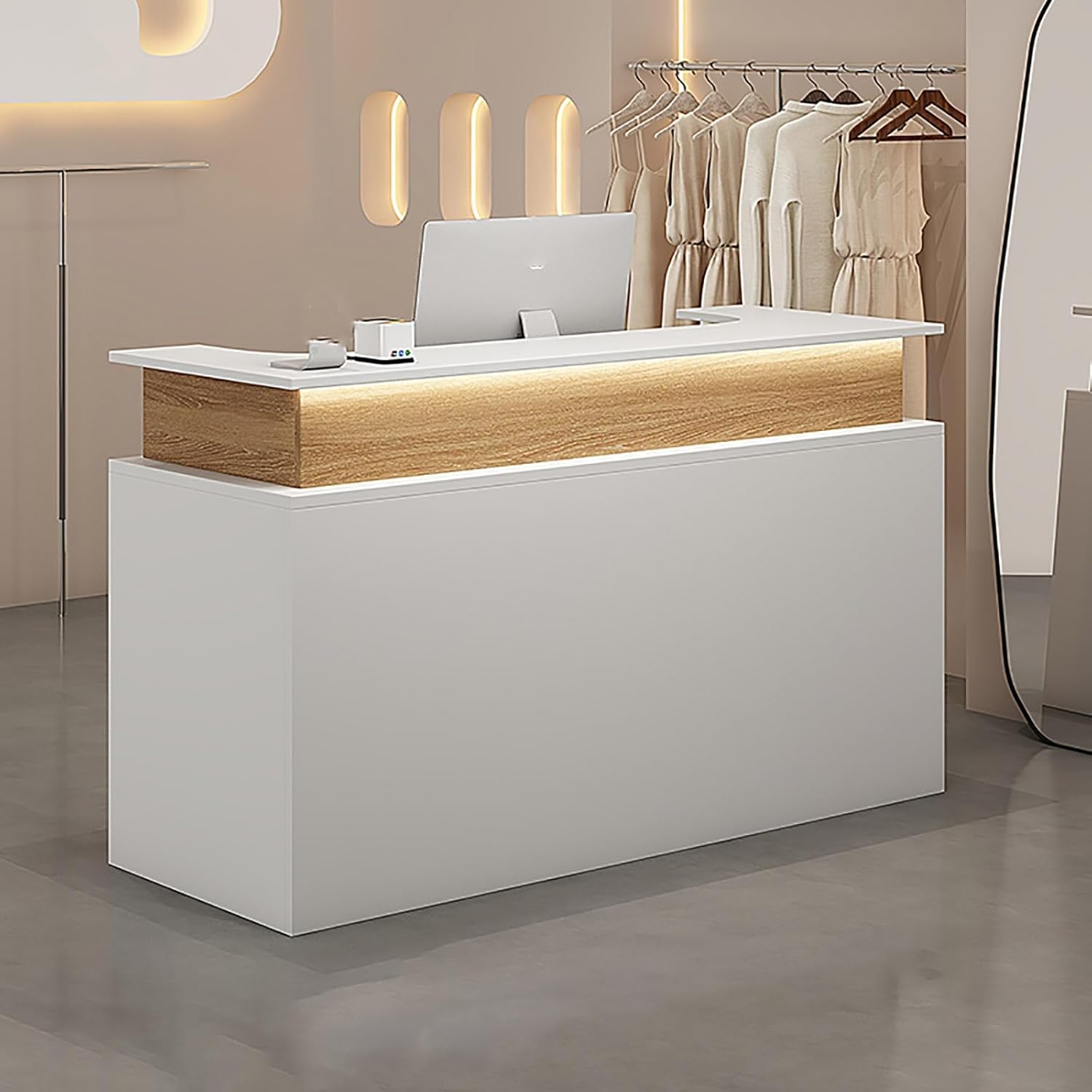 Square front office reception desk, standing reception counter with LED lights, retail reception counter with counter, compact wooden computer desk reception table, multifunctional standing front desk