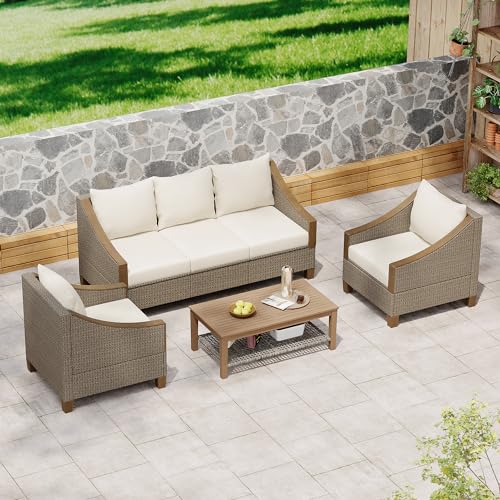 4-Piece Rattan Outdoor Conversation Sofa Set with Wooden Coffee Table and Cushions Seating 5 People, PE Rattan Patio Furniture Set for Patio, Garden and Backyard (Grey-77.9