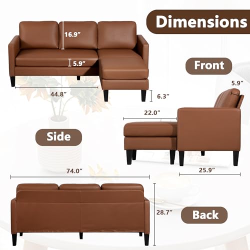 Sectional Sofa, Faux Leather Mid-Century Modern Reversible Couch, 3-Seat L Shaped Sofa Couch with Chaise for Living Room, Apartment and Small Space (Black)