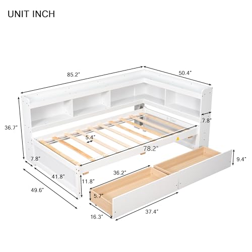 Twin Size Platform Bed with Two Storage Drawers and L-Shaped Bookcase, Wooden Captain Bed Frame with Bookcase Headboard, Corner Bed Frame for Bedroom, No Box Spring Needed (White)