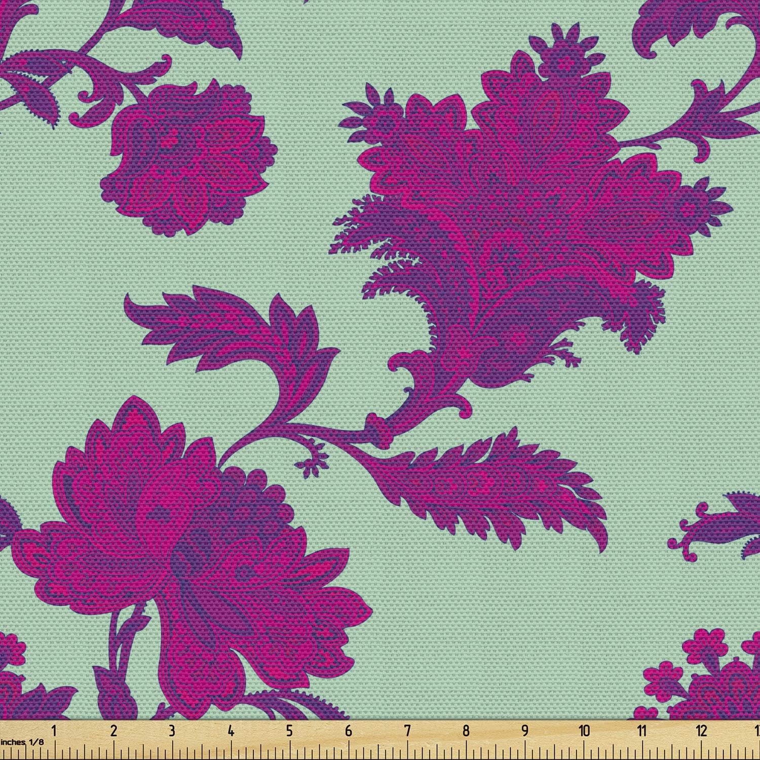 Lunarable Oriental Fabric by The Yard, Ethnic Style Ornamented Peony Flowers Vintage Garden Art, Decorative Fabric for Upholstery and Home Accents, 1 Yard, Green Hot Pink