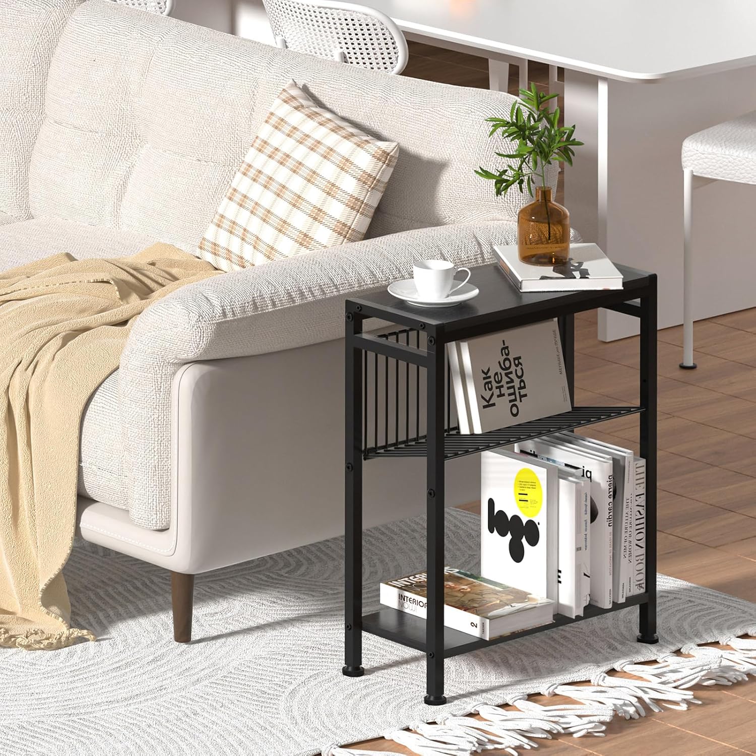 Side Table for Small Spaces and C Shaped End Table with Charging Station, Side Table for Couch, Skinny Nightstand, Snack Side Table for Living Room, Bedroom, Rustic Brown and Black