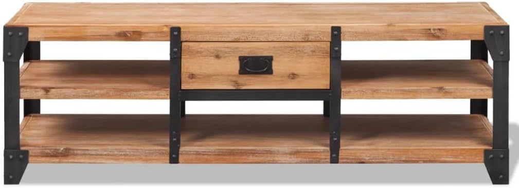 vidaXL Modern Industrial TV Stand - Solid Acacia Wood with Storage Drawer, Durable Steel Legs, Brushed Finish for Living Room