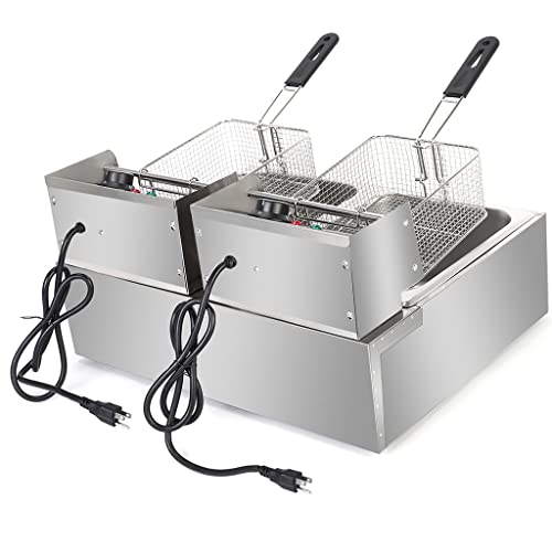 Commercial Electric Deep Fryer, Stainless Steel Dual Tank Deep Fryer with 2 Baskets, Lids and Temperature Limiter, 5000W 12.7QT Home Countertop Deep Fryers for Turkey, French Fries, Donuts and More
