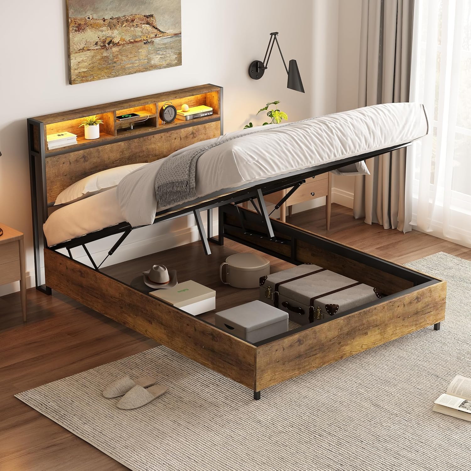 Full Size Metal Platform Bed with Underneath Storage, LED and USB Ports, LED Headboard Platform Bed for Bedroom, Guestroom, Full, Space-Saving, Black