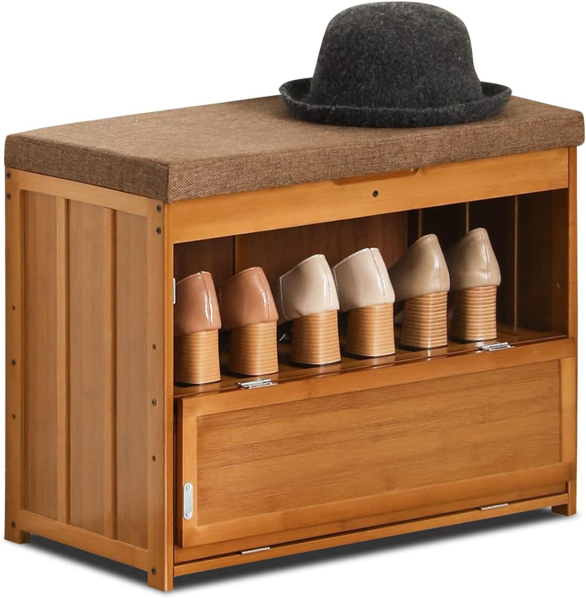 MoNiBloom Shoe Bench Entryway with Storage, Bamboo Shoe Rack Organization with Doors for 6-10 Pairs Hallway Bedroom Living Room Garden, Brown