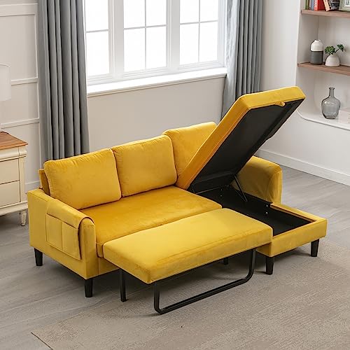 Sectional Vevel Sofa with Pull Out Bed, Velvet L-Shaped Sofa Reversible Sleeper Sofa with Storage Chaise and Pockets for Living Room Apartment, Pink
