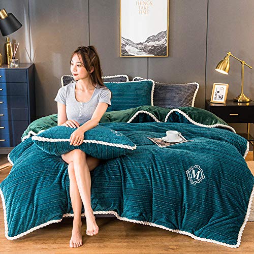 Flannel Duvet Cover Double,Autumn and Winter Thick 9 catties Velvet Milk Flannel Four-Piece Bedding Quilt Cover Blanket Three-Piece Student-Peacock Blue_1.5-1.8m Bed