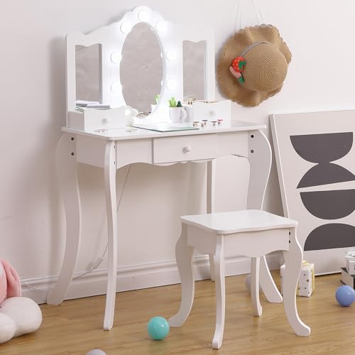 Kids Vanity, Girls Vanity Table with Mirror,Stool,Tri-Folding Mirror& Drawer, 2 in 1 Wooden Princess Makeup Desk Dressing Table, Toddler Vanity,Pretend Play Vanity Set for Kids