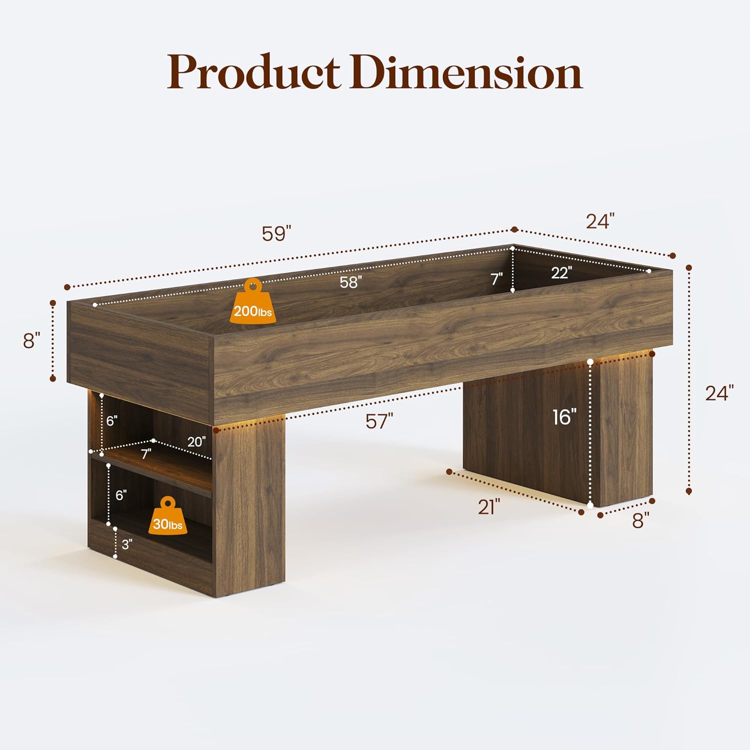 Elevated Dog Bed Modern Wooden Pet Bed and Led Light, Small to Medium Elevated Pet Bed with Storage shelves, Walnut