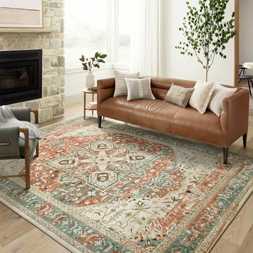 Washable Area Rug 8x10, Large Soft Rugs for Living Room Farmhouse Vintage Area Rugs for Bedroom Dining Room Non-Slip Stain Resistant Under Table Rug Blue Beige