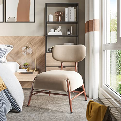 BELLEZE Velvet Accent Chair, Mid-Century Armless Living Room Chair with Metal Legs, Comfy Vintage and Modern Corner Upholstered Sofa Chair for Bedroom Lounge Reading Room Office - Quinton(Beige)