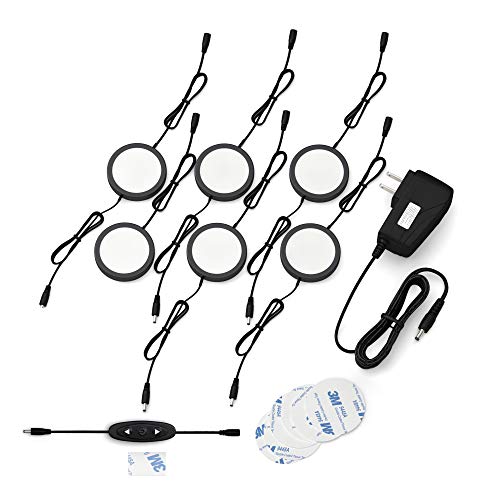 EShine Under Cabinet LED Puck Lights with Dimmer Switch, Dimmable, 3 Pcs, Black Round Under Counter Lights for Kitchen, Garage, Office, Desk - Warm White (3000K)